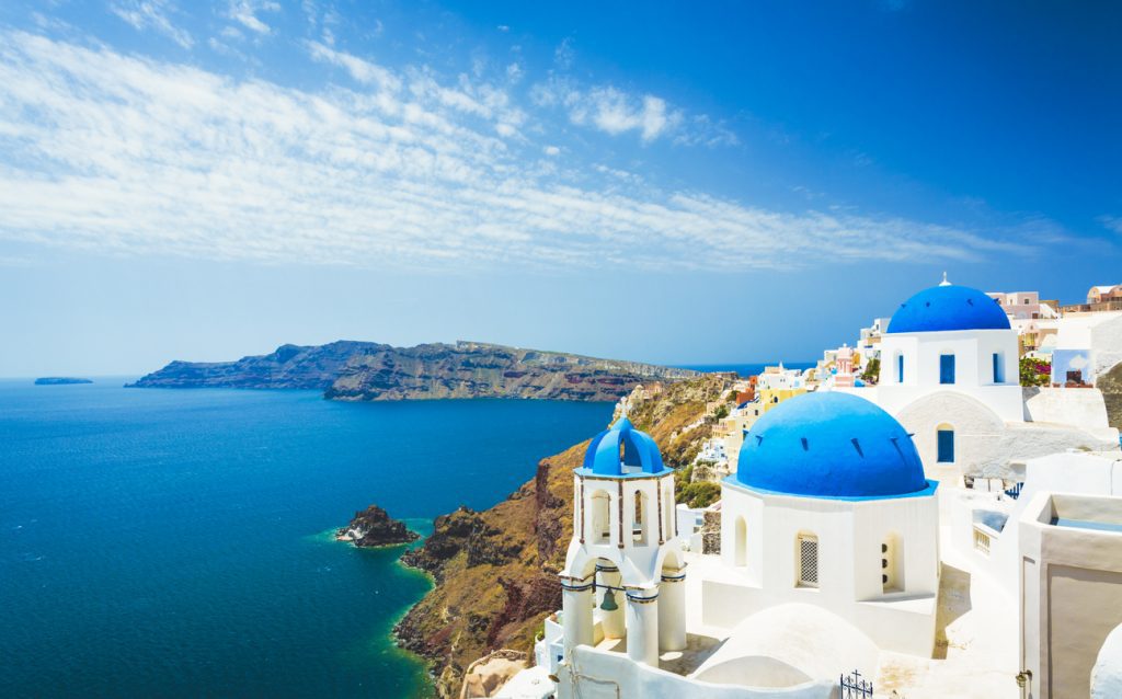 White church in Oia town on Santorini island in Greece