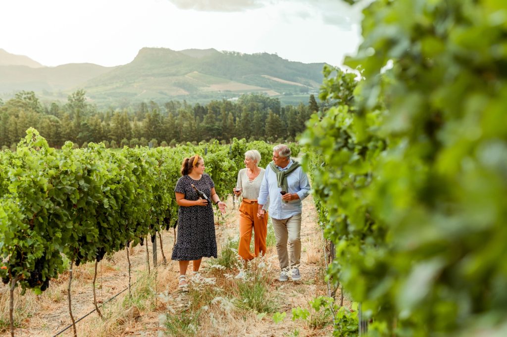 Couple and entrepreneur getting tour of a vineyard with woman farmer or leader during vacation. Husband and wife enjoying a day on the farm while talking to owner, boss or ceo of wine farm in summer - Viking Travel